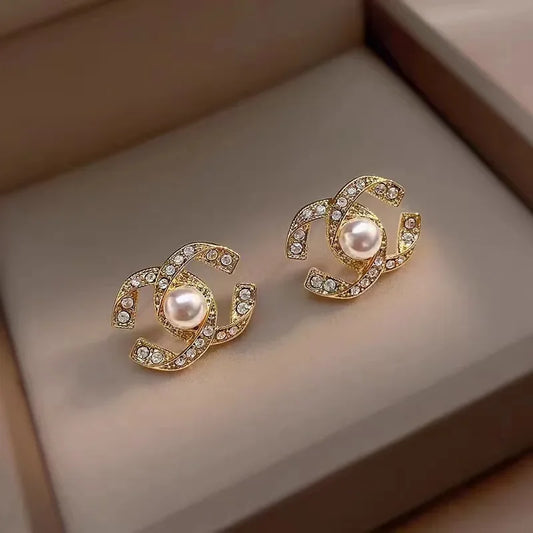 Luxurious Double C Pearl Stud Earrings for Women