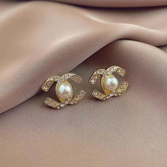 Luxurious Double C Pearl Stud Earrings for Women